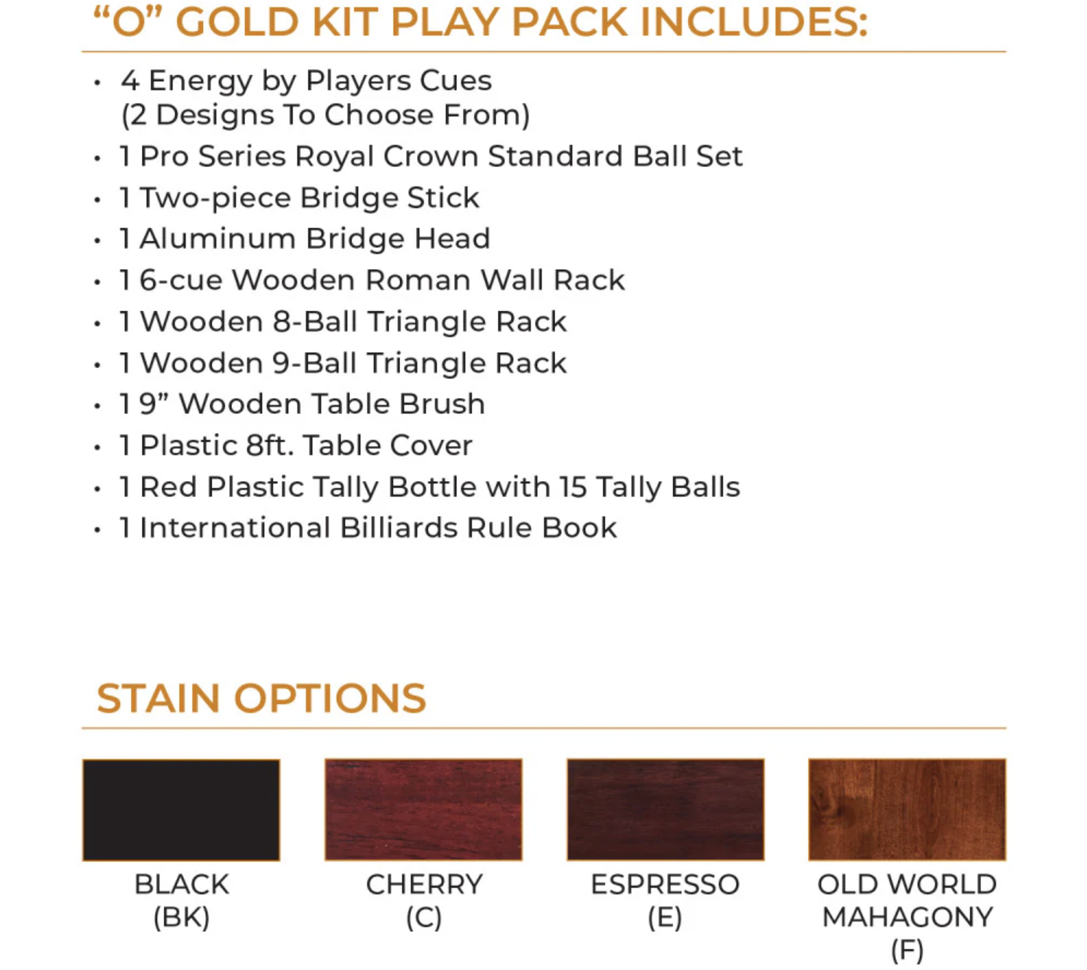 Cue & Case "O" Gold play kit for sale by SOLO® Pool Tables.
